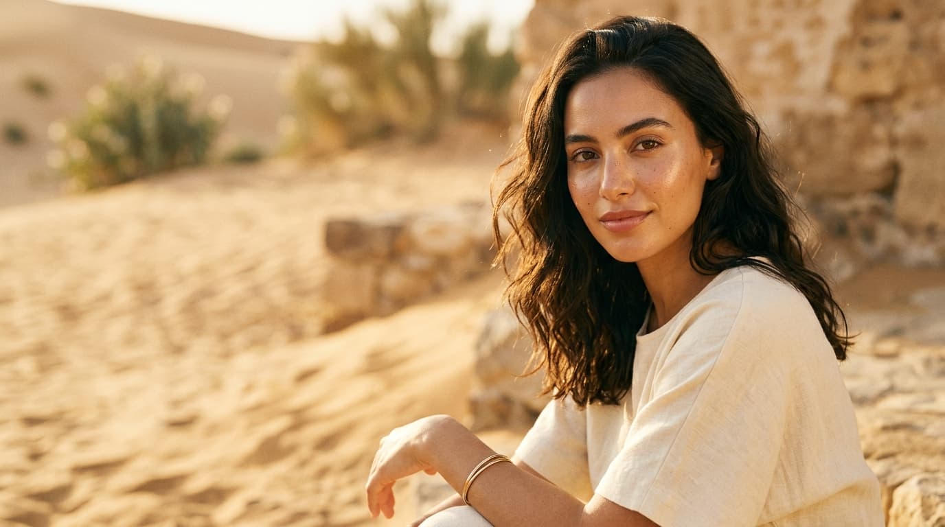 Photo éditoriale plein écran · modèle marocaine, lumière dorée